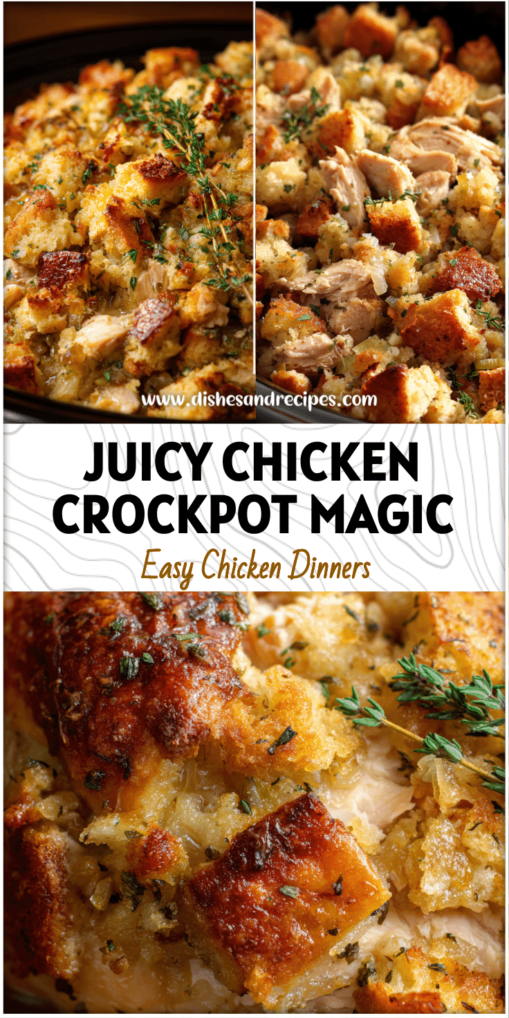 Tender chicken and golden stuffing simmering in a crock pot for an easy crockpot dinner recipe